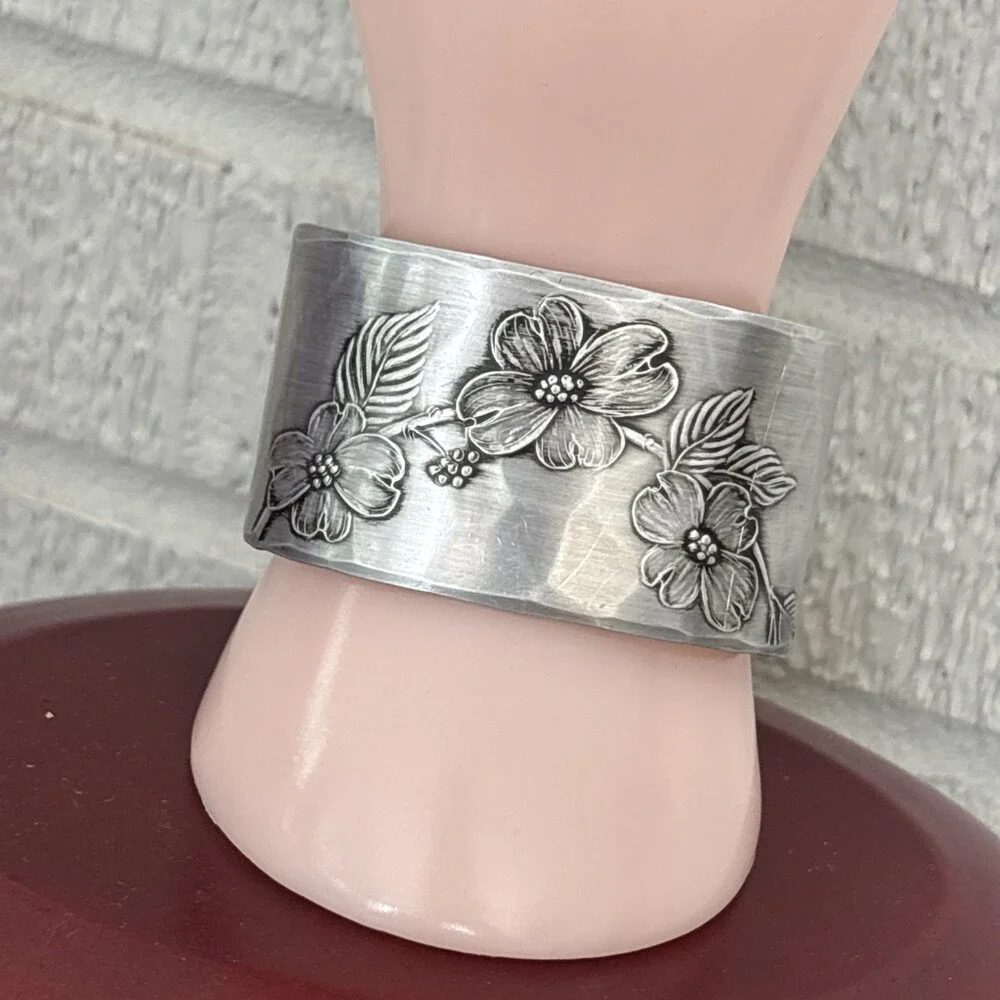 Pewter Bracelet by Wendell August Forge Hand Wrought Vintage Flowers Cuff 7-7.5